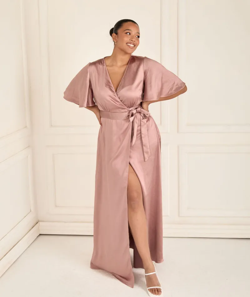 Clearance Six Stories Wrap Tie Satin Bridesmaid Dress - Rose