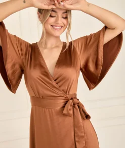 Six Stories Wrap Tie Satin Bridesmaid Dress - Rust