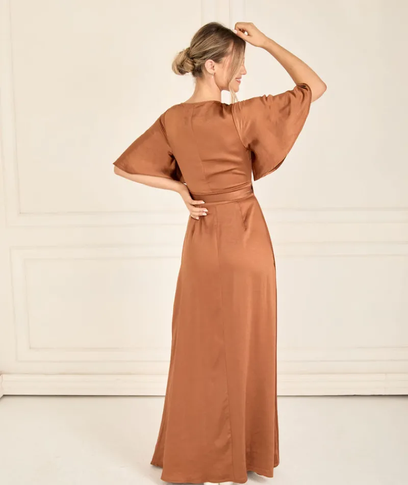 Six Stories Wrap Tie Satin Bridesmaid Dress - Rust