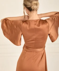 Six Stories Wrap Tie Satin Bridesmaid Dress - Rust
