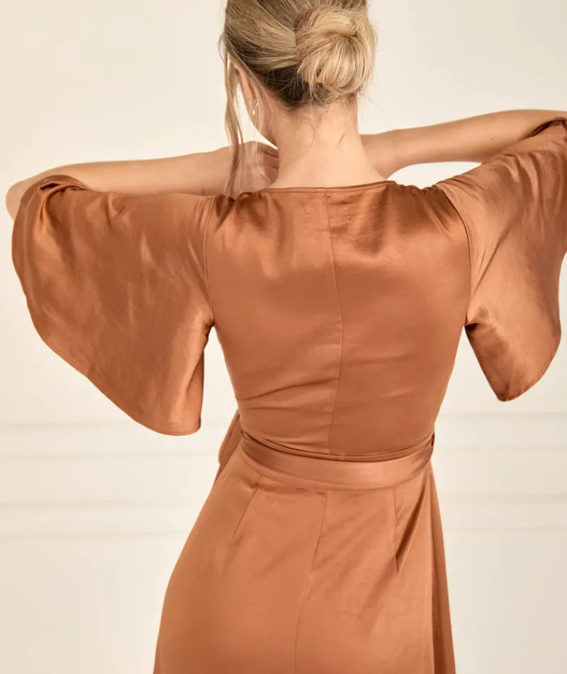 Six Stories Wrap Tie Satin Bridesmaid Dress - Rust