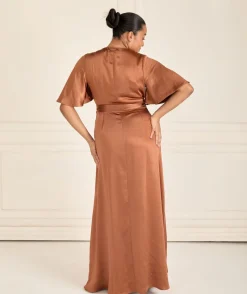 Six Stories Wrap Tie Satin Bridesmaid Dress - Rust
