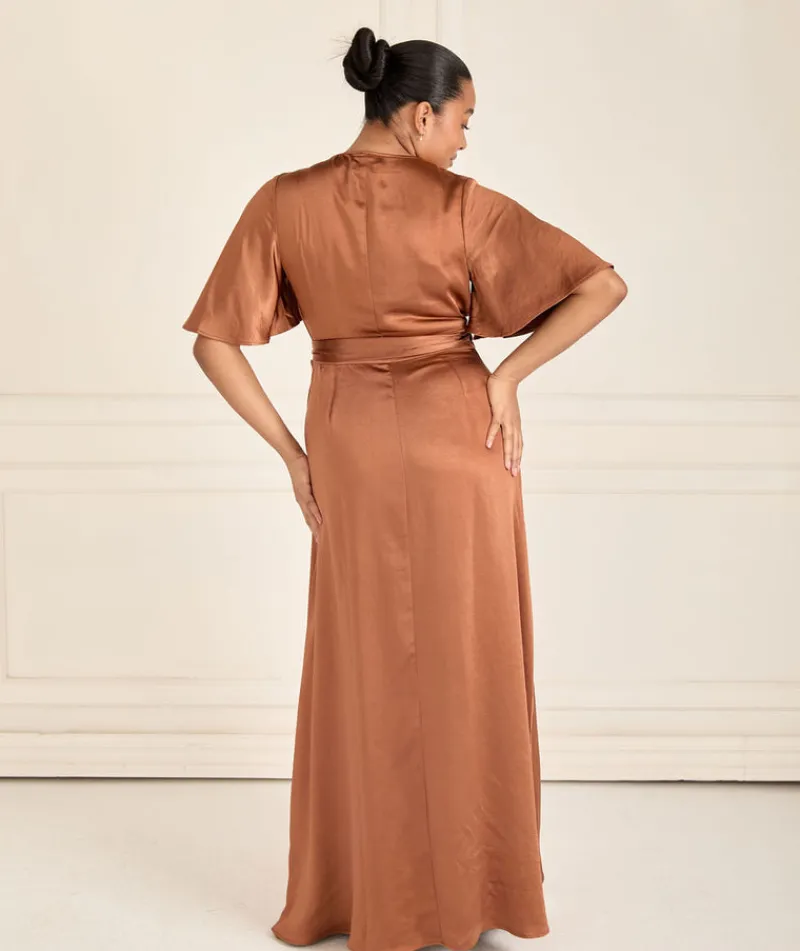 Six Stories Wrap Tie Satin Bridesmaid Dress - Rust