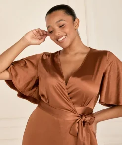 Six Stories Wrap Tie Satin Bridesmaid Dress - Rust